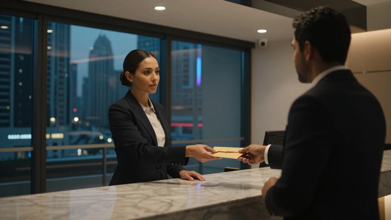 A professional handoff in a discreet Dubai office, silhouettes against glowing glass doors.