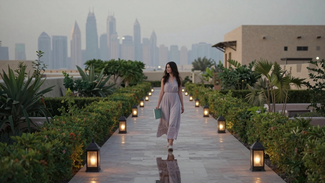 A woman walking alone on a twilight rooftop garden in Dubai, lanterns casting soft light.