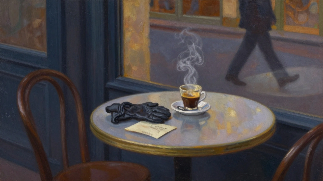 An empty café chair holds a glove and a letter, steam rising from a forgotten cup at dusk in quiet Provence.