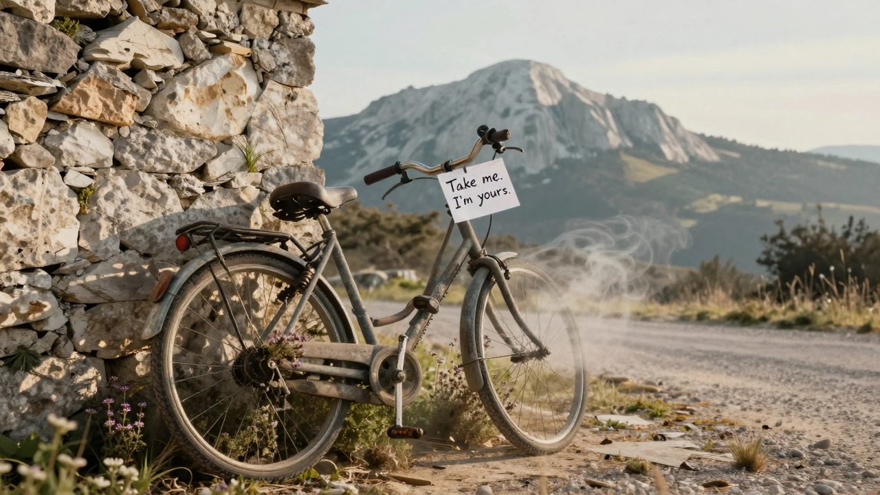 An old bicycle leans against a stone wall with a handwritten note, surrounded by mist and wild herbs under morning light.